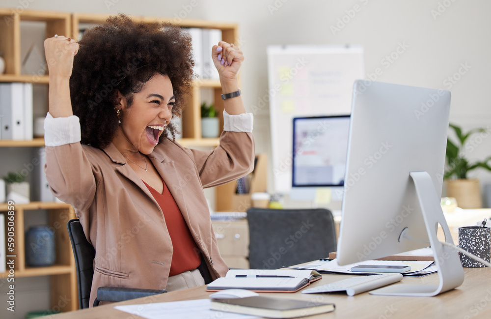 Happy woman winning on computer success, bonus or celebration for news ...