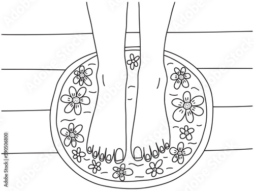 Vector spa pedicure top view colorig page. Female feet in bowl with water and flowers illustration