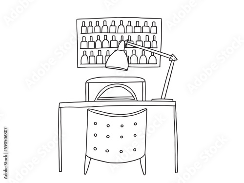 Vector beauty nail salon workspace interior illustration. Manicure table, lamp, chair and nail gel polish