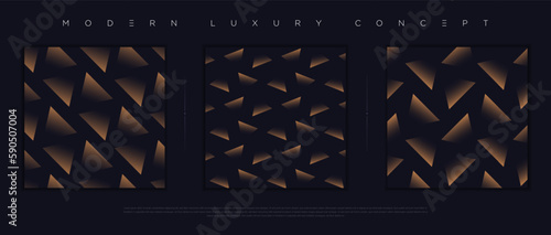 Modern luxury seamless pattern set. Premium abstract background design for elegant design elements. Minimalist exclusive dark blue wallpaper with gold geometric shapes; circles, lines, stripes. Vector