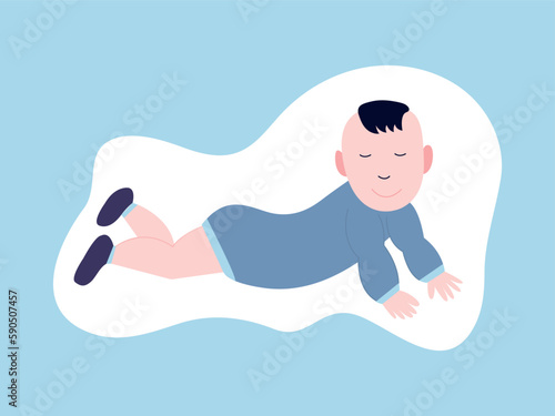 Fototapeta Naklejka Na Ścianę i Meble -  Vector baby boy lying on tummy illustration. Toddler flat style illustration