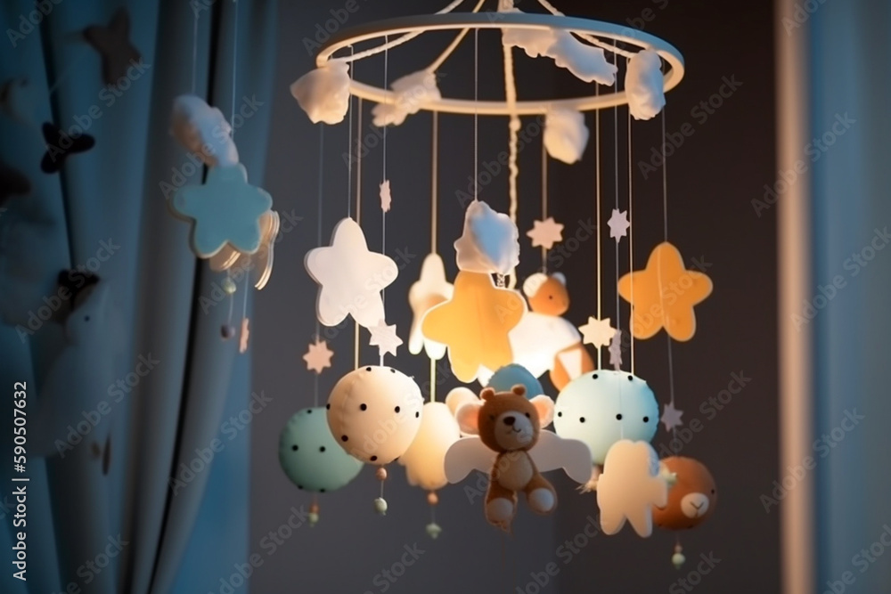 Handmade felt toys above the newborn crib with light garland in the ...