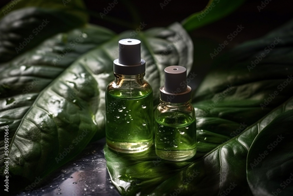 Cosmetic serum in a glass bottles with green leaves. Skin care serum or essential oils, spa and wellness concept. Natural herbal cosmetic, aromatherapy, aromatic oil. AI generated image Cosmetic serum in a glass bottles with green leaves. Skin care serum or essential oils, spa and wellness concept. Natural herbal cosmetic, aromatherapy, aromatic oil. AI generated image