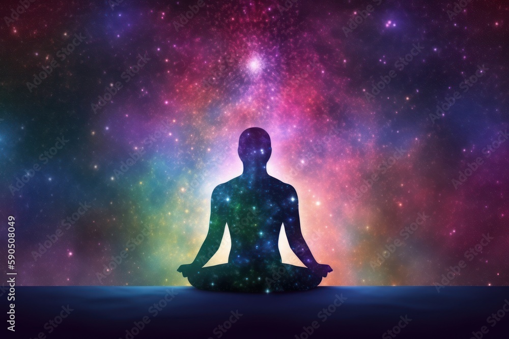 Meditating human silhouette in yoga pose. Galaxy universe background. Colorful chakras and aura glow. Meditation on outer space background with glowing chakras. Esoteric.