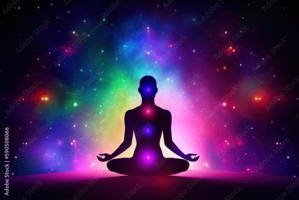 Meditating human silhouette in yoga pose. Galaxy universe background. Colorful chakras and aura glow. Meditation on outer space background with glowing chakras. Esoteric. Meditating human silhouette in yoga pose. Galaxy universe background. Colorful chakras and aura glow. Meditation on outer space background with glowing chakras. Esoteric.