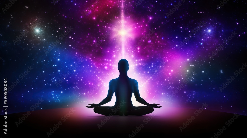 Meditating human silhouette in yoga pose. Galaxy universe background. Colorful chakras and aura glow. Meditation on outer space background with glowing chakras. Esoteric. Meditating human silhouette in yoga pose. Galaxy universe background. Colorful chakras and aura glow. Meditation on outer space background with glowing chakras. Esoteric.