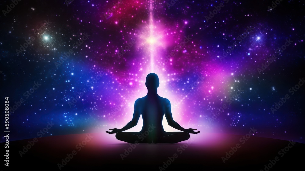 Meditating human silhouette in yoga pose. Galaxy universe background. Colorful chakras and aura glow. Meditation on outer space background with glowing chakras. Esoteric.