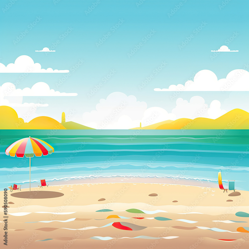 ai generated illustration of  beautiful tropical island sea beach landscape colorful umbrella,