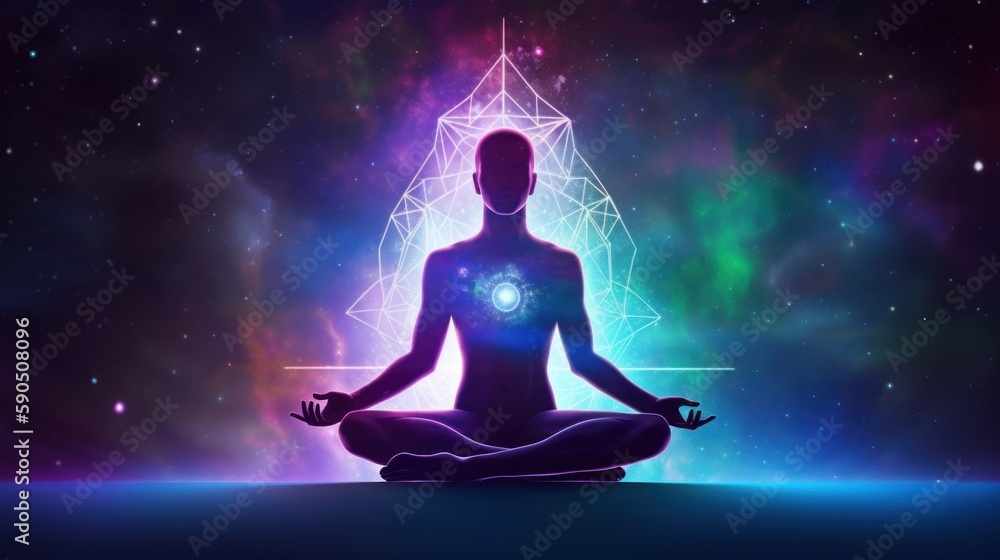 Meditating human silhouette in yoga pose. Galaxy universe background. Colorful chakras and aura glow. Meditation on outer space background with glowing chakras. Esoteric. Meditating human silhouette in yoga pose. Galaxy universe background. Colorful chakras and aura glow. Meditation on outer space background with glowing chakras. Esoteric.