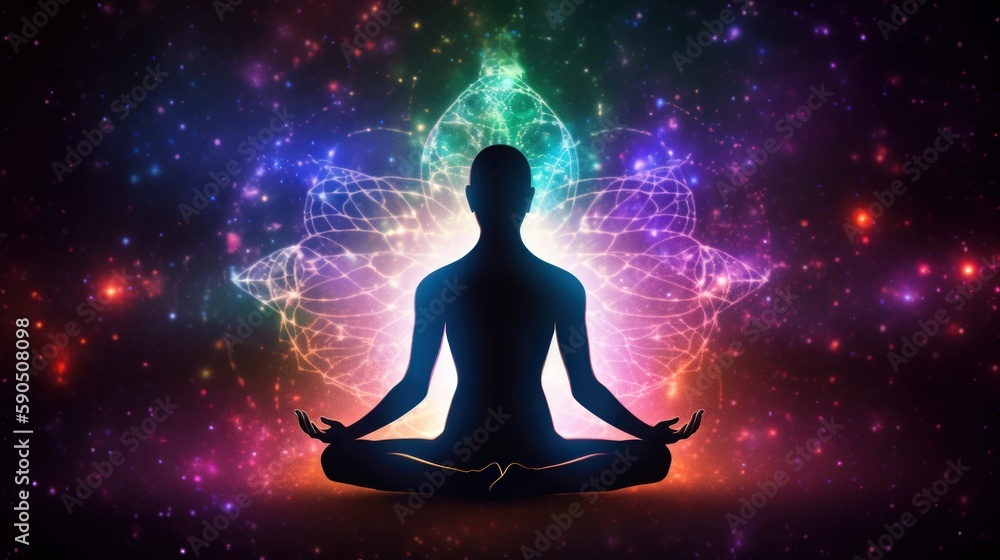 Meditating human silhouette in yoga pose. Galaxy universe background. Colorful chakras and aura glow. Meditation on outer space background with glowing chakras. Esoteric. Meditating human silhouette in yoga pose. Galaxy universe background. Colorful chakras and aura glow. Meditation on outer space background with glowing chakras. Esoteric.
