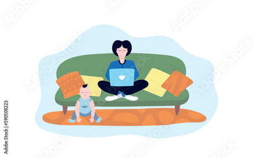 Young mother sitting on sofa with laptop and baby sitting on floor. Vector illustration with new mom working at home during maternity leave