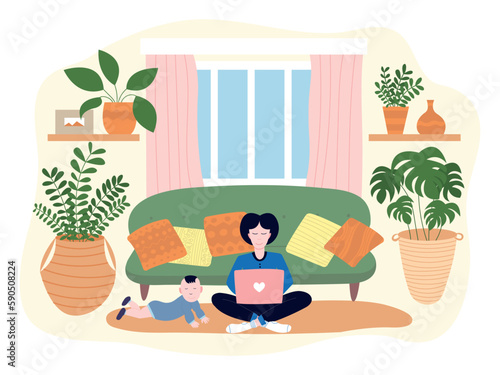 Young mother and her baby sitting on floor using laptop. Vector illustration with new mom working at home during maternity leave.