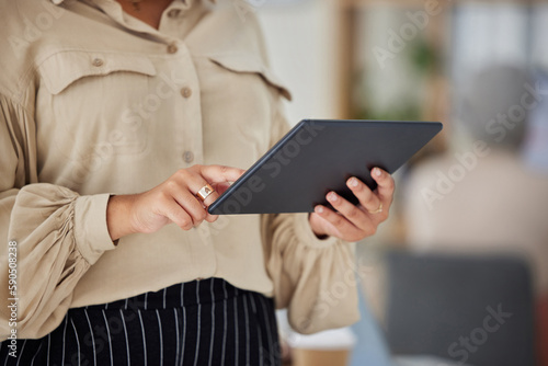 Office, hands and woman with tablet on email, social media post scroll or research project at start up. Online report, schedule or business plan, businesswoman with technology and web communication.