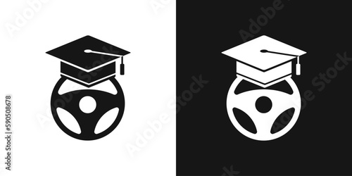 Driving school logo. Car steering wheel and student cap, student driver