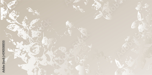 White banner with floral design. Flower silhouettes on platinum background. Vector botanical pattern for elegant invitation, premium brochure, luxury backgrounds, voucher and deluxe flyer.