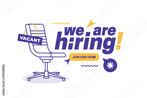 Hiring recruitment open vacancy design info label template. We are hiring join our team announcement lettering with vacant chair