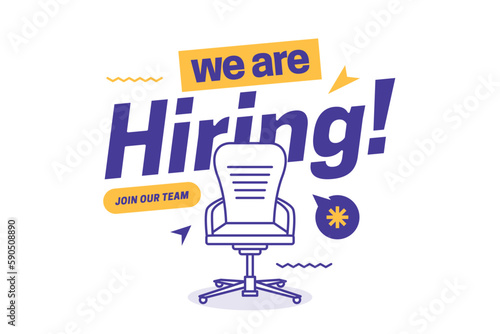 Hiring recruitment open vacancy design info label template. We are hiring join our team announcement lettering with vacant chair