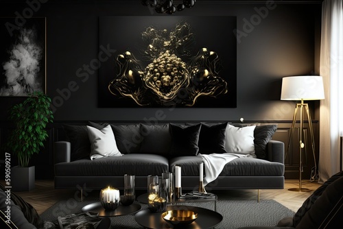 Modern Living Room with Black and Gold Furniture, Luxury Dark Room, Golden Wall Painting, Generative AI