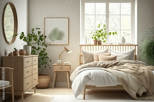 Scandinavian Modern Bedroom with Natural Wood Furniture, Painting in the Wall, Generative AI