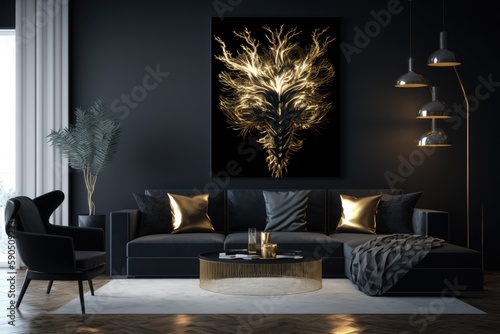 Modern Living Room with Black and Gold Furniture, Luxury Dark Room, Golden Wall Painting, Generative AI