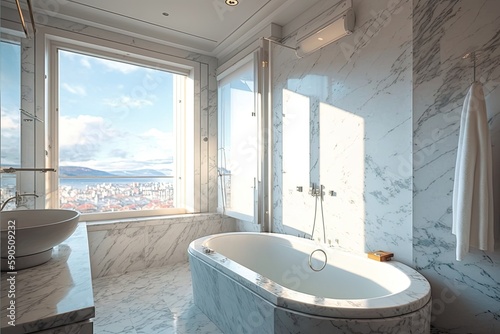 Luxury Hotel Bathroom with White Marble Bathtub, City view, Generative AI