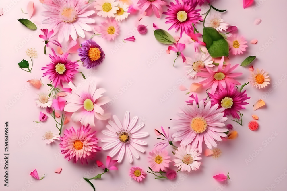 Wildflowers on a pink background with a place for text, colorful summer flowers. With Generative AI tehnology