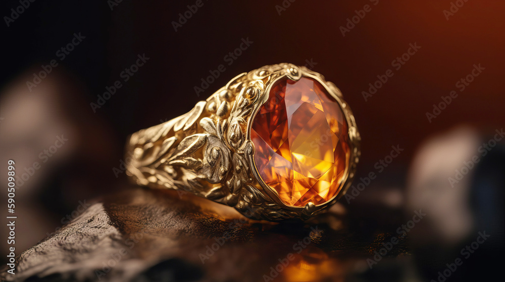 Amber ring in yellow gold. An engagement ring with Amber. b035# Created with generative AI.