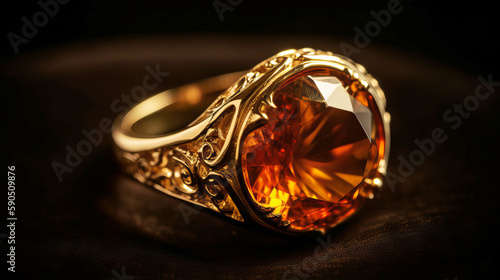 Amber ring in yellow gold. An engagement ring with Amber. b039# Created with generative AI.