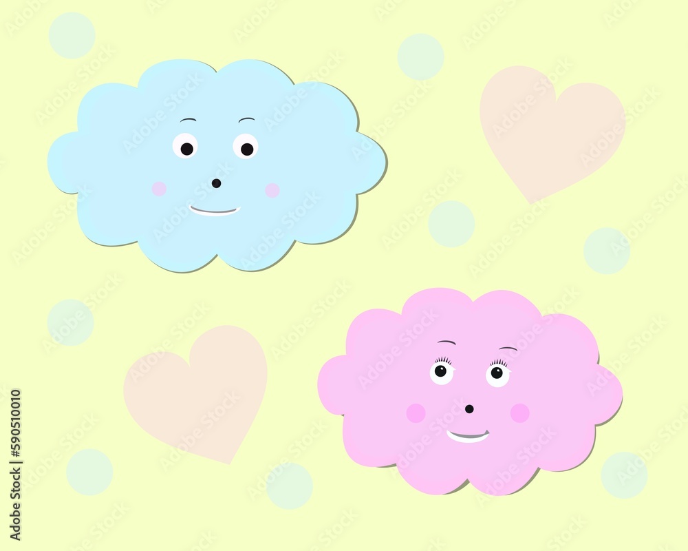 Happy Clouds - Beautiful cartoon drawing card with two love-struck clouds - Cute card to share with little clouds, simple decorations, and soft colors
