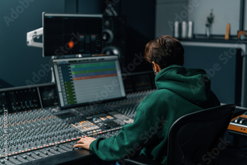 Sound engineer working in music studio with monitors and equalizer on screen mixing and mastering tracks © Guys Who Shoot