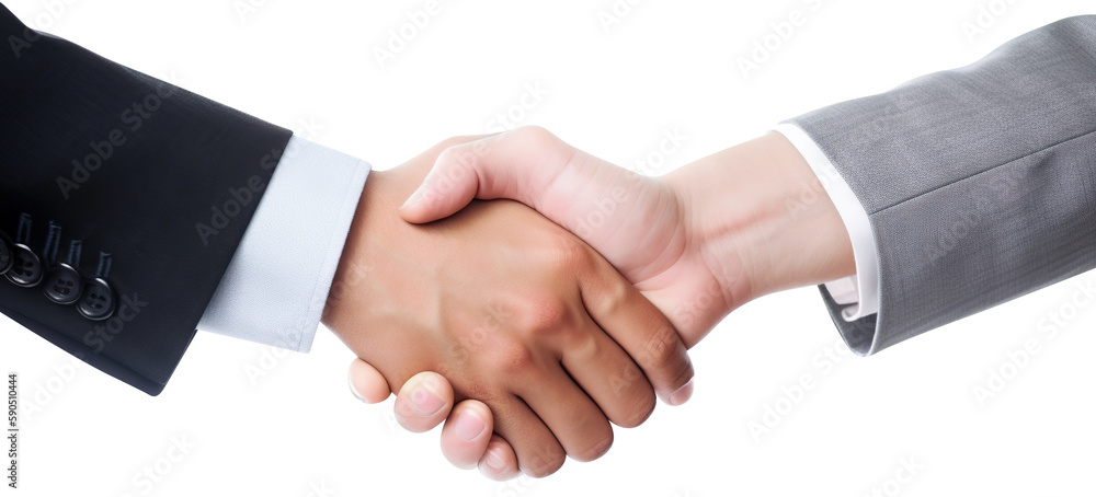 Closing the deal: A successful handshake between two businessmen, cut out. Based on Generative AI
