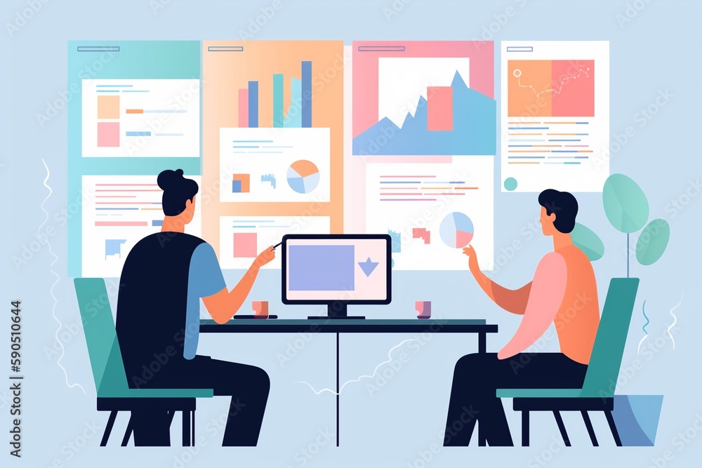 Flat illustration of a UX research team analyzing user data