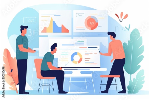 Flat illustration of a UX research team analyzing user data, identifying patterns, and collaborating with charts and sticky notes. generative ai