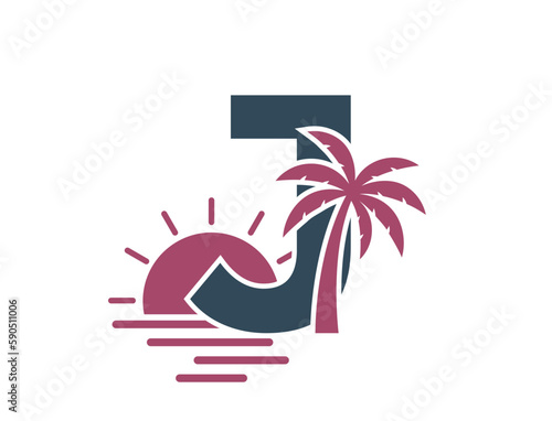 letter j with palm tree and sunset. vacation and resort alphabet logotype symbol. summer and exotic tourism design