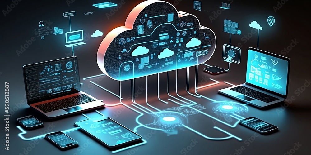 Cloud technology, computing. Devices connected to digital storage in ...