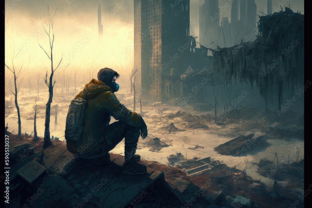 A survivor sits on a ruined building in a post-apocalyptic city. Fantasy concept , Illustration painting. Generative AI