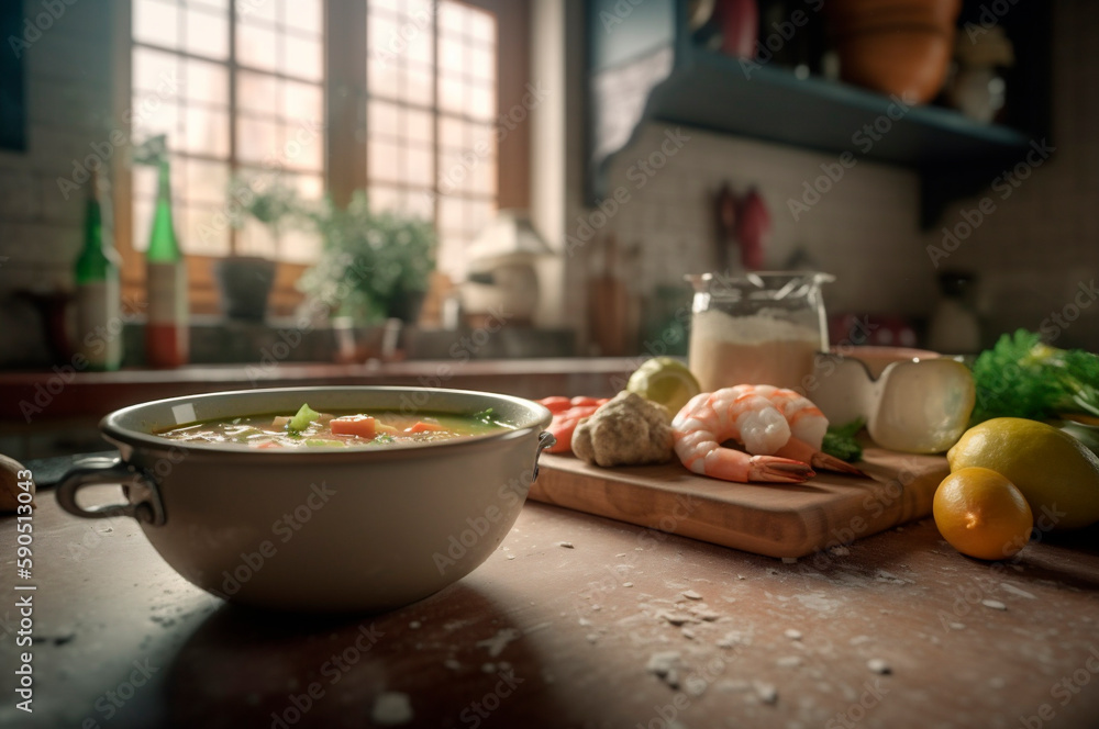 Delicious shrimp soup with coconut milk and curry in bowl on kitchen table. AI generated Delicious shrimp soup with coconut milk and curry in bowl on kitchen table. AI generated