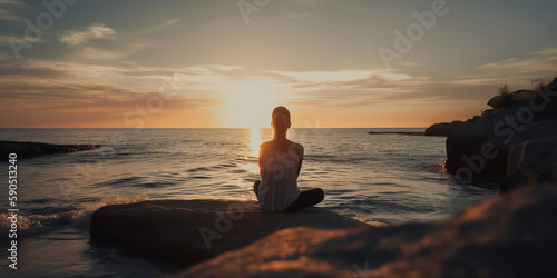 Young woman practicing yoga to the sea at sunset. Harmony, meditation, healthy lifestyle, relaxation, yoga, self care, mindfulness concept 