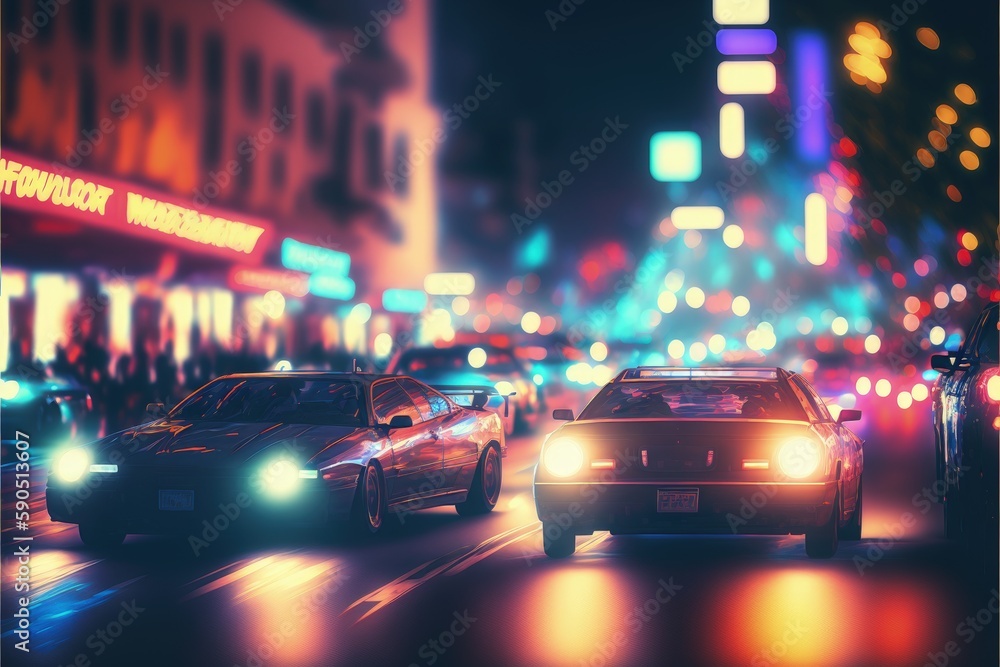 Night scene of city street with cars and colorful lights depicted in digital art. Fantasy concept , Illustration painting. Generative AI Night scene of city street with cars and colorful lights depicted in digital art. Fantasy concept , Illustration painting. Generative AI