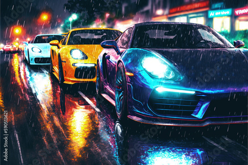 Night scene of city street with cars and colorful lights depicted in digital art. Fantasy concept , Illustration painting. Generative AI © X-Poser
