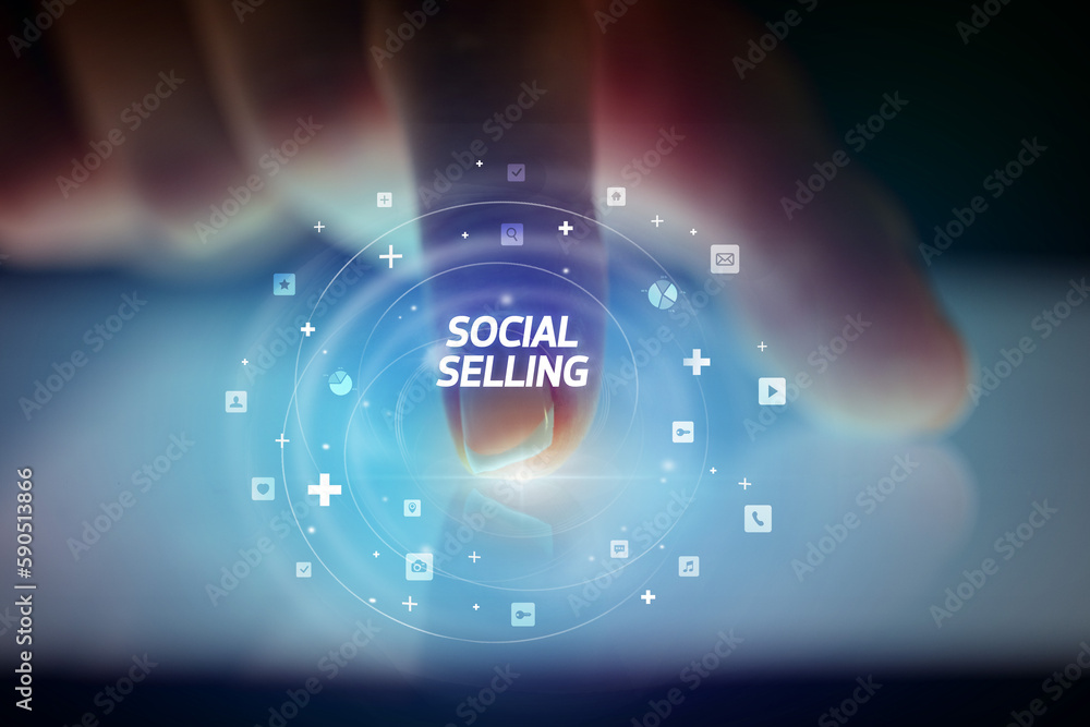 Finger touching tablet with social media icons concept Finger touching tablet with social media icons concept