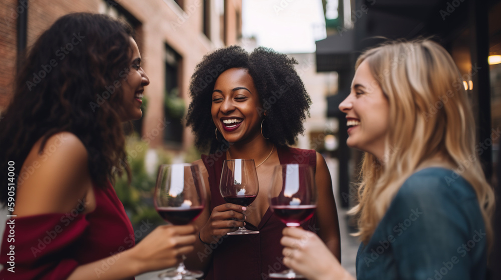 Friends drinking red wine at city winery bar. AI