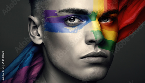 Handsome man portrait painting, LGBT Pride Day concept. Fictional person. AI