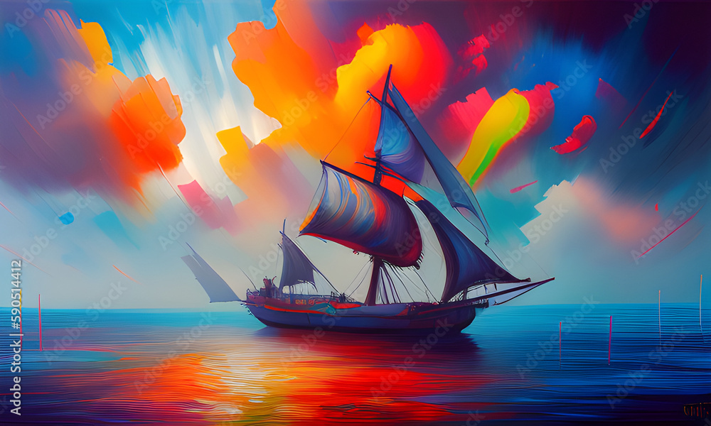 sailing ship in the sunset, a ship to heaven ai art, landscape, oil painting. ilustração do