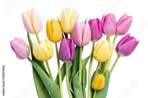 Pastel color tulips bunch isolated on transparent background. Mothers day  Women  s day. PNG  Generative AI
