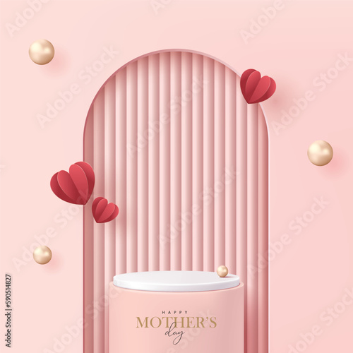 Mother's day poster for product demonstration. Pink pedestal or podium with pearls and flying hearts on pink background.