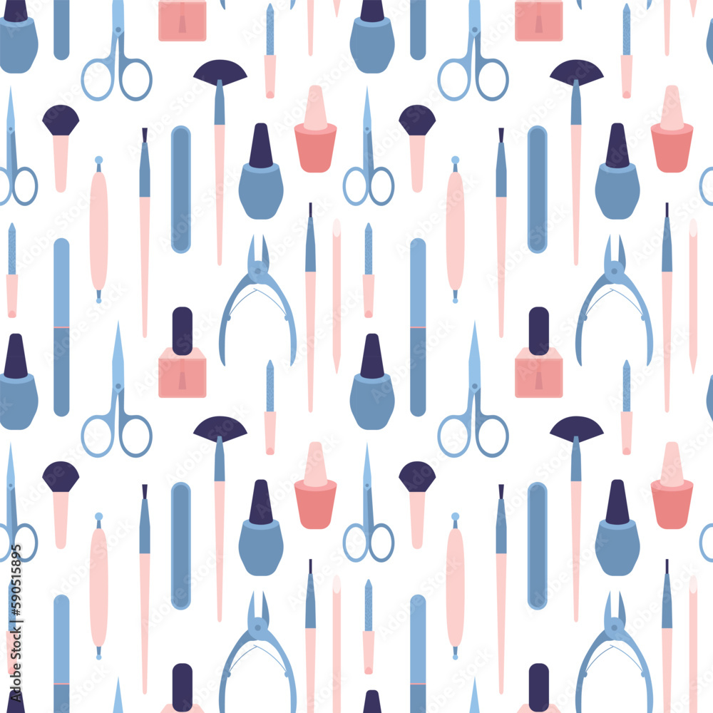 Vector manicure seamless pattern. Flat manicure salon tools on white background Vector manicure seamless pattern. Flat manicure salon tools on white background