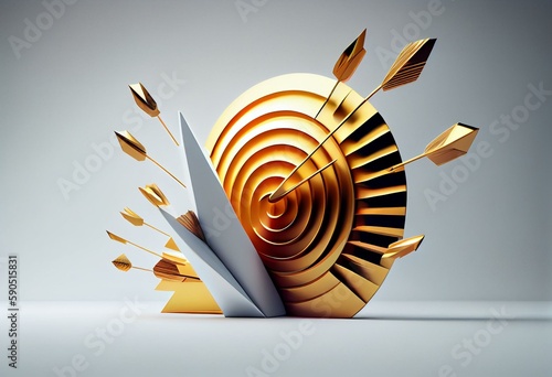 3D rendered golden arrow targets success on white background. Generative AI