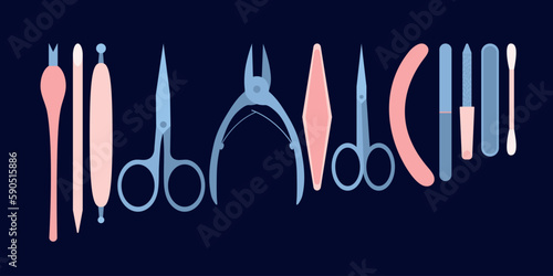 Vector flat manicure and pedicure tools set. Different manicure instruments for nail salon set