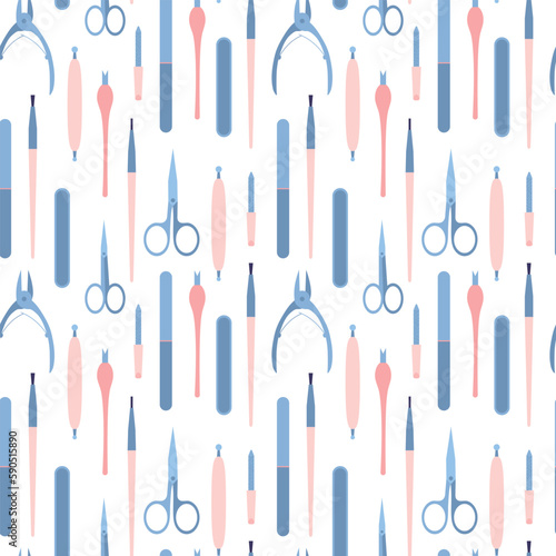 Manicure instruments seamless pattern on white background. Flat style manicure tools vector pattern